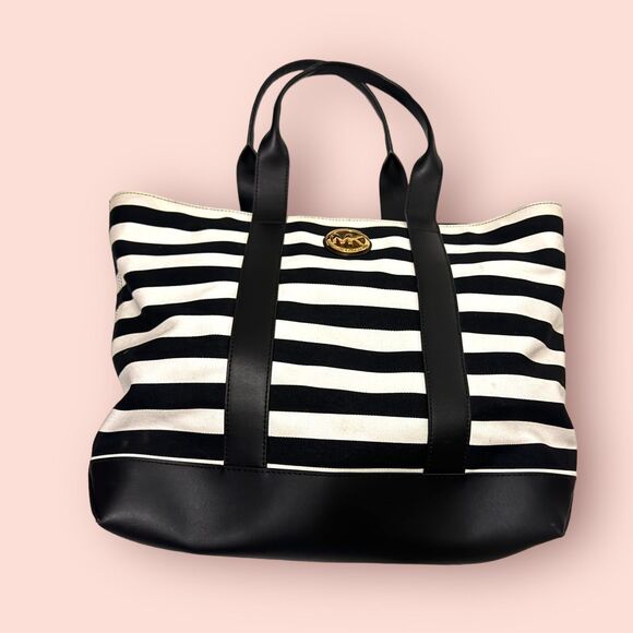 Michael Kors Women's Fulton Black White Striped Canvas Hand Bag / Medium Tote - Picture 3 of 8